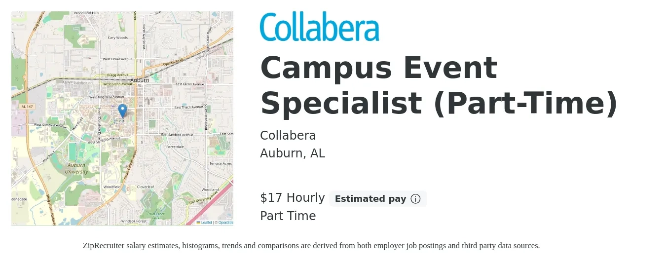 Collabera job posting for a Campus Event Specialist (Part-Time) in Auburn, AL with a salary of $18 Hourly with a map of Auburn location.