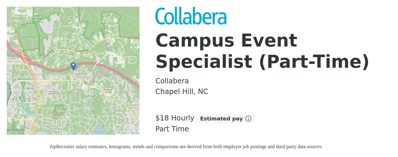 Collabera job posting for a Campus Event Specialist (Part-Time) in Chapel Hill, NC with a salary of $19 Hourly with a map of Chapel Hill location.