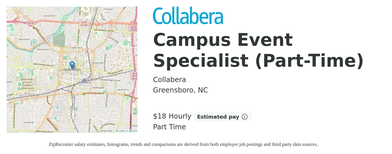 Collabera job posting for a Campus Event Specialist (Part-Time) in Greensboro, NC with a salary of $19 to $19 Hourly with a map of Greensboro location.