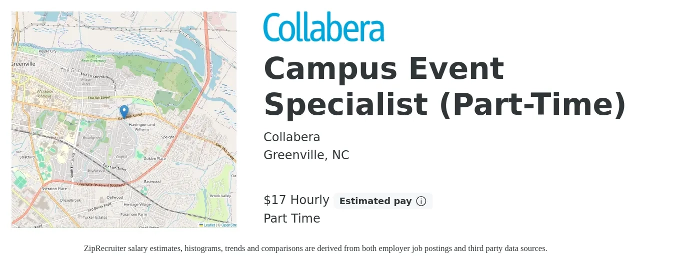 Collabera job posting for a Campus Event Specialist (Part-Time) in Greenville, NC with a salary of $18 Hourly with a map of Greenville location.