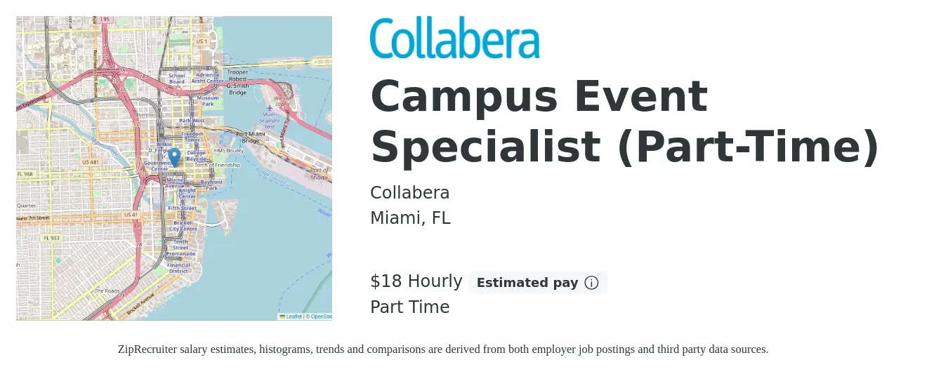Collabera job posting for a Campus Event Specialist (Part-Time) in Miami, FL with a salary of $19 to $19 Hourly with a map of Miami location.