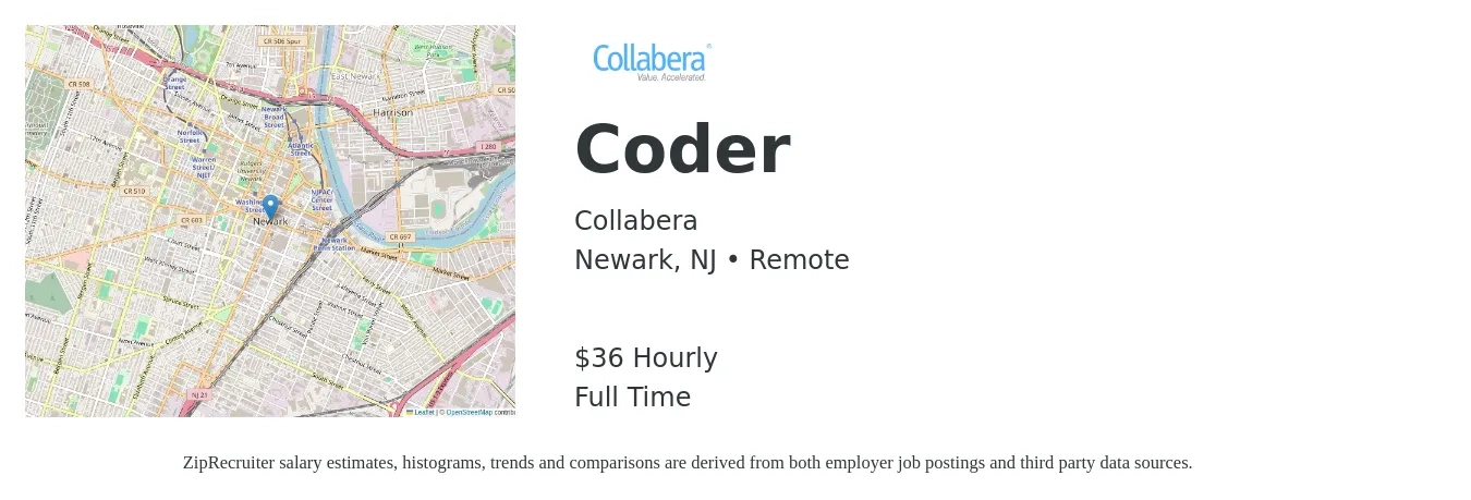 Collabera job posting for a Coder in Newark, NJ with a salary of $38 Hourly with a map of Newark location.