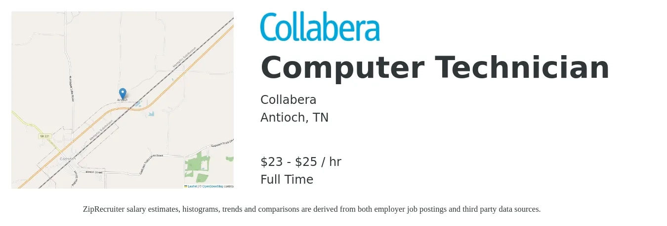 Collabera job posting for a Computer Technician in Antioch, TN with a salary of $24 to $26 Hourly with a map of Antioch location.