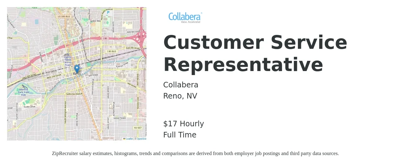 Collabera job posting for a Customer Service Representative in Reno, NV with a salary of $18 Hourly with a map of Reno location.