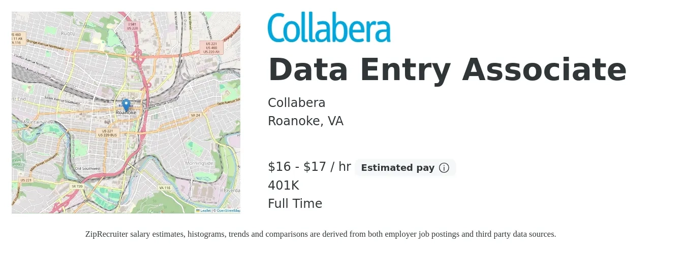 Collabera job posting for a Data Entry Associate in Roanoke, VA with a salary of $17 to $18 Hourly and benefits including 401k with a map of Roanoke location.