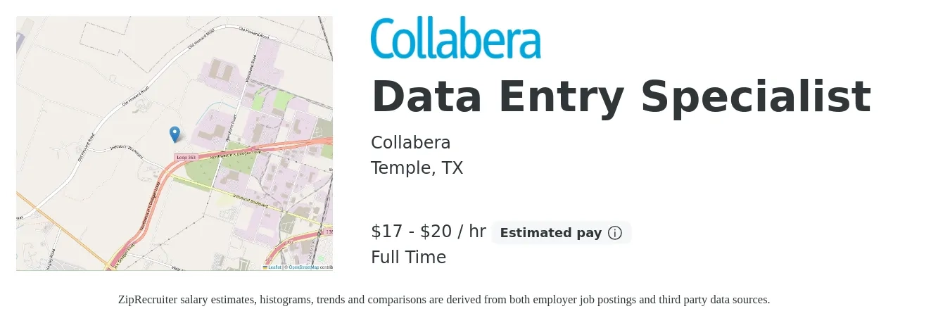 Collabera job posting for a Data Entry Specialist in Temple, TX with a salary of $18 to $21 Hourly with a map of Temple location.