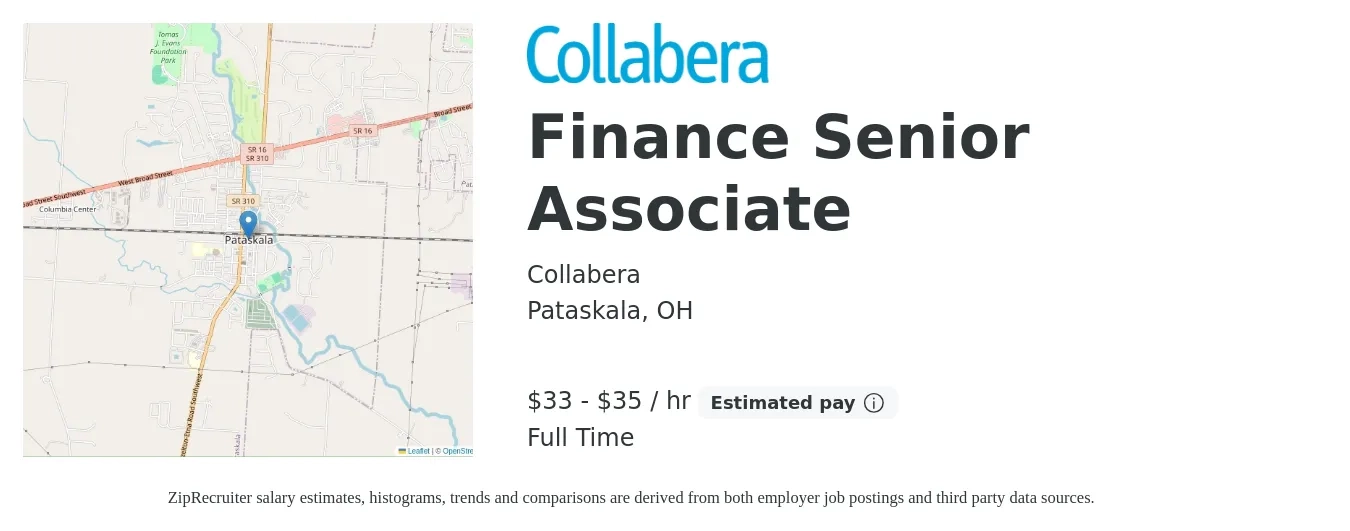 Collabera job posting for a Finance Senior Associate in Pataskala, OH with a salary of $35 to $37 Hourly with a map of Pataskala location.