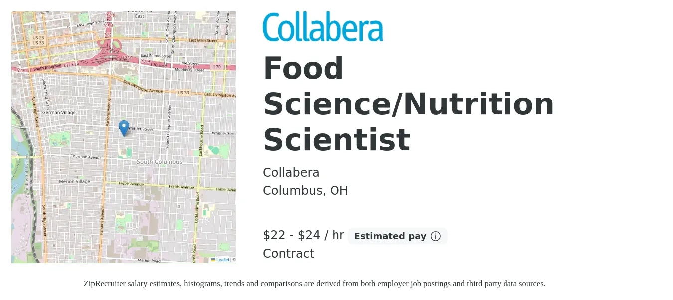 Collabera job posting for a Food Science/Nutrition Scientist in Columbus, OH with a salary of $23 to $25 Hourly with a map of Columbus location.