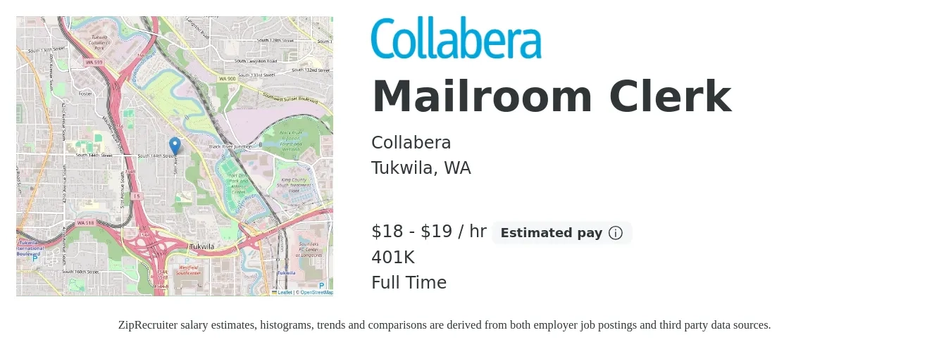 Collabera job posting for a Mailroom Clerk in Tukwila, WA with a salary of $19 to $20 Hourly and benefits including 401k with a map of Tukwila location.