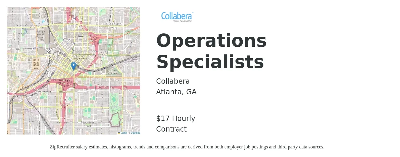 Collabera job posting for a Operations Specialists in Atlanta, GA with a salary of $18 Hourly with a map of Atlanta location.