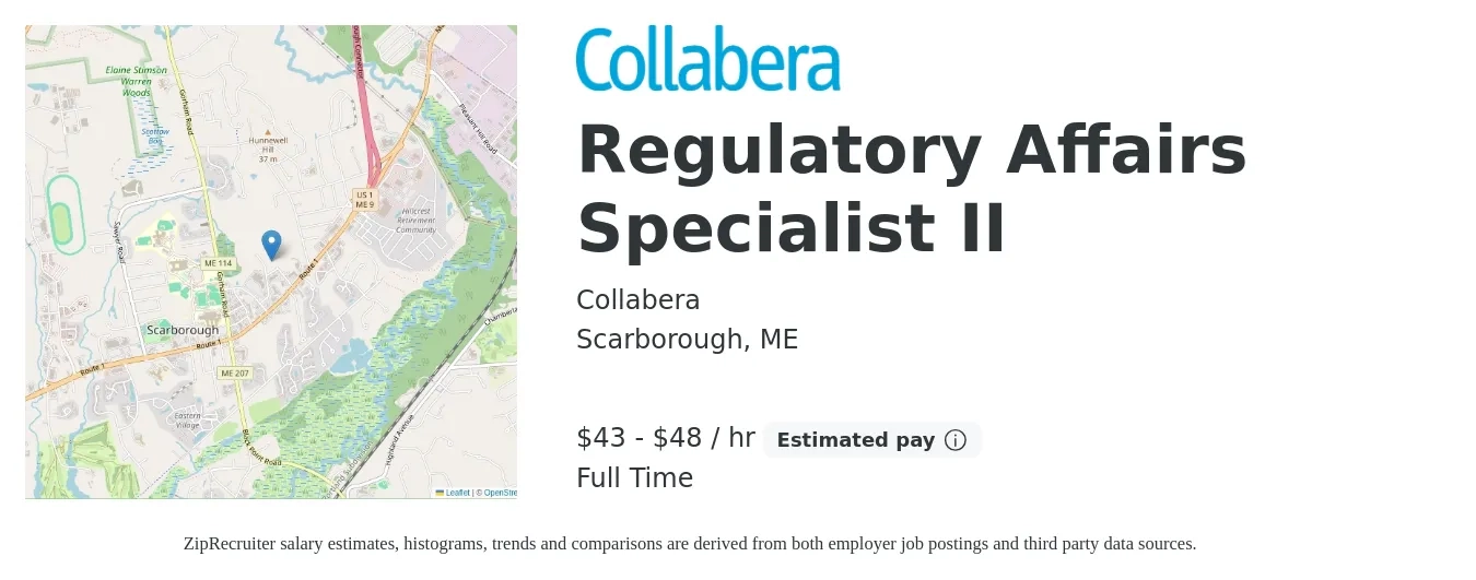 Collabera job posting for a Regulatory Affairs Specialist II in Scarborough, ME with a salary of $45 to $50 Hourly with a map of Scarborough location.