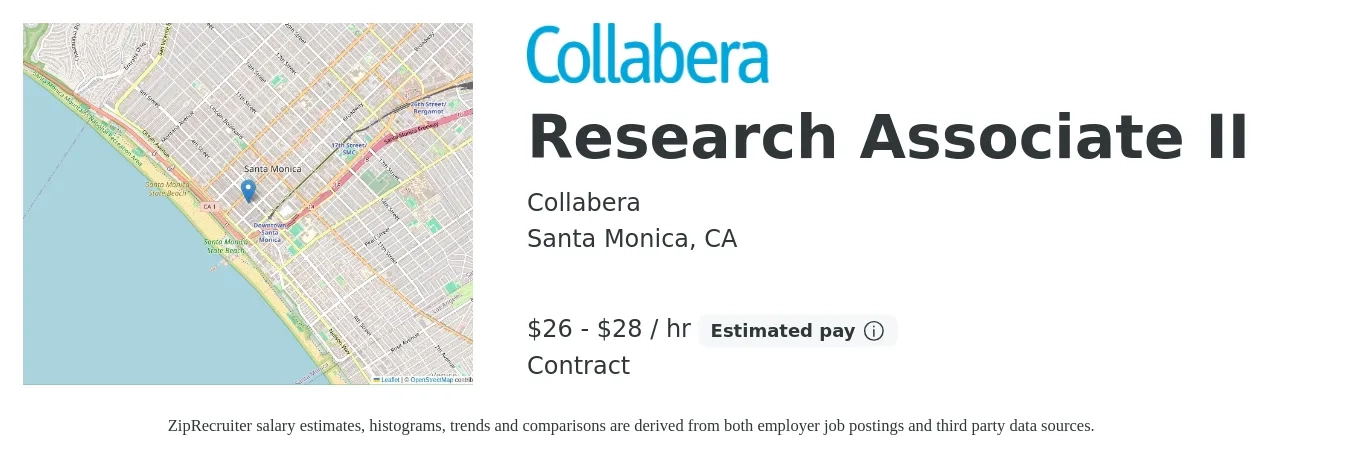 Collabera job posting for a Research Associate II in Santa Monica, CA with a salary of $28 to $30 Hourly with a map of Santa Monica location.