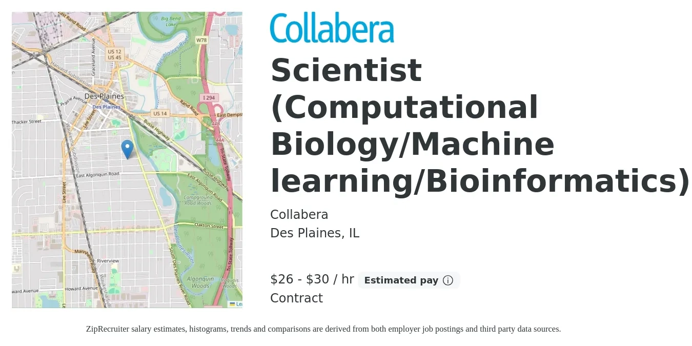 Collabera job posting for a Scientist (Computational Biology/Machine learning/Bioinformatics) in Des Plaines, IL with a salary of $28 to $32 Hourly with a map of Des Plaines location.