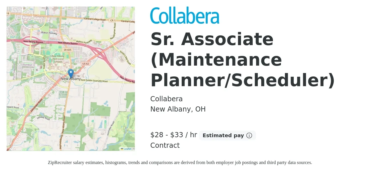 Collabera job posting for a Sr. Associate (Maintenance Planner/Scheduler) in New Albany, OH with a salary of $30 to $35 Hourly with a map of New Albany location.