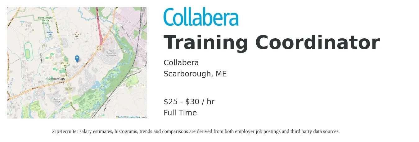 Collabera job posting for a Training Coordinator in Scarborough, ME with a salary of $27 to $32 Hourly with a map of Scarborough location.