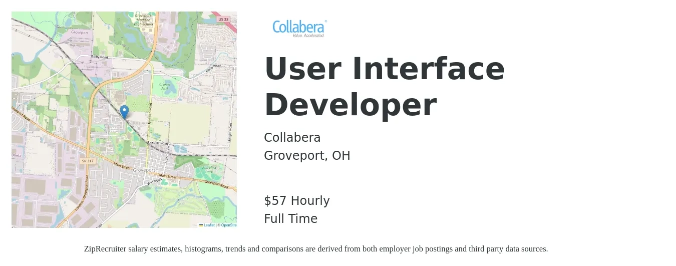 Collabera job posting for a User Interface Developer in Groveport, OH with a salary of $56 to $60 Hourly with a map of Groveport location.