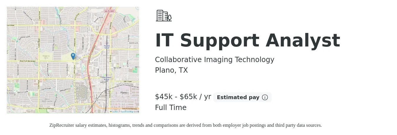Collaborative Imaging Technology job posting for a IT Support Analyst in Plano, TX with a salary of $45,000 to $65,000 Yearly with a map of Plano location.