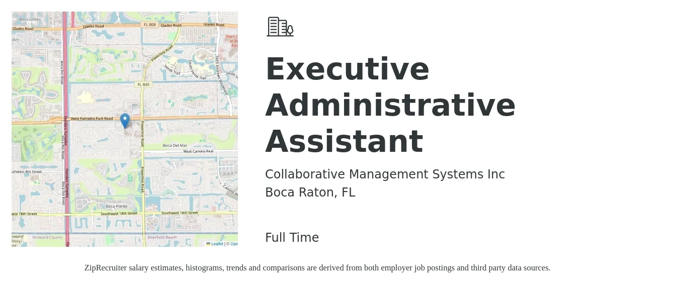 Collaborative Management Systems Inc job posting for a Executive Administrative Assistant in Boca Raton, FL with a salary of $22 to $34 Hourly with a map of Boca Raton location.