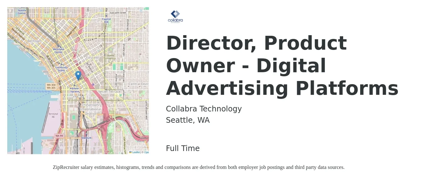 Collabra Technology job posting for a Director, Product Owner - Digital Advertising Platforms in Seattle, WA with a salary of $140,000 to $160,000 Yearly with a map of Seattle location.