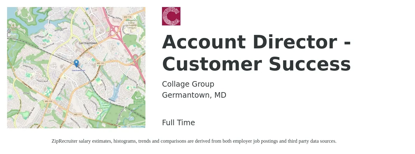 Collage Group job posting for a Account Director - Customer Success in Germantown, MD with a salary of $96,000 to $123,800 Yearly with a map of Germantown location.