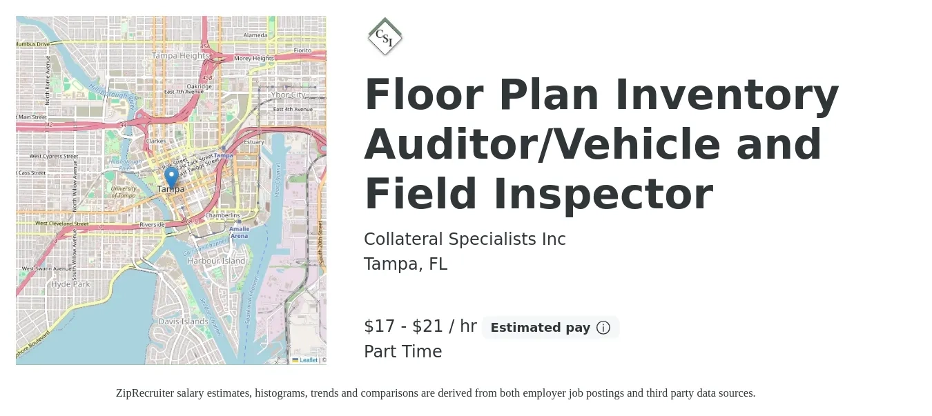 Collateral Specialists Inc job posting for a Floor Plan Inventory Auditor/Vehicle and Field Inspector in Tampa, FL with a salary of $18 to $22 Hourly with a map of Tampa location.