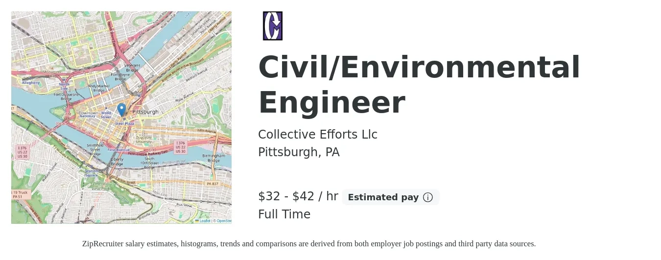 Collective Efforts Llc job posting for a Civil/Environmental Engineer in Pittsburgh, PA with a salary of $34 to $44 Hourly with a map of Pittsburgh location.