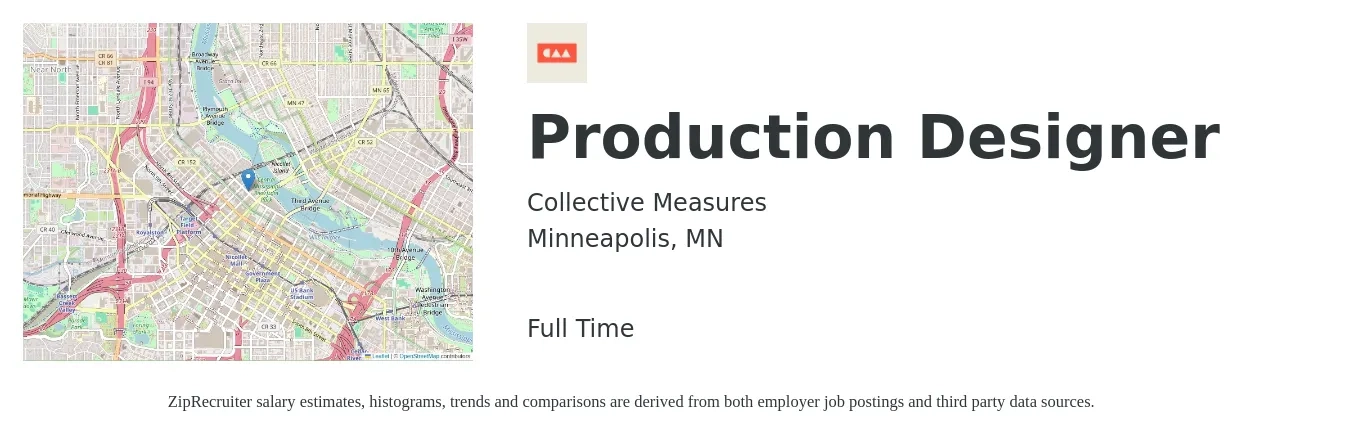 Collective Measures job posting for a Production Designer in Minneapolis, MN with a salary of $23 to $54 Hourly with a map of Minneapolis location.