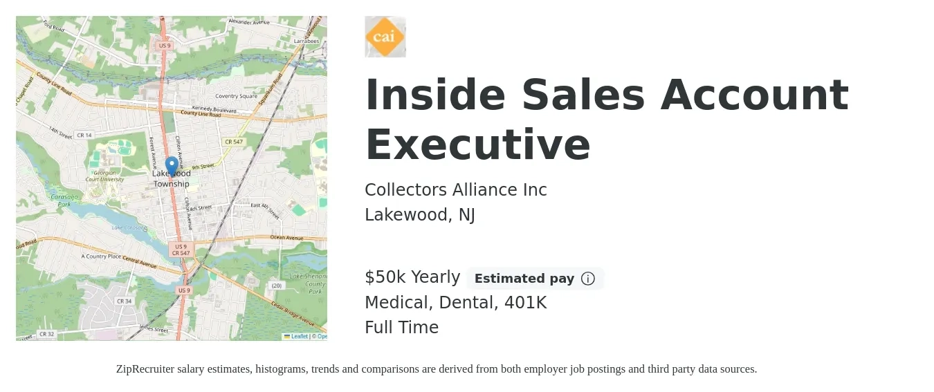 Collectors Alliance Inc job posting for a Inside Sales Account Executive in Lakewood, NJ with a salary of $50,000 Yearly (plus commission) and benefits including 401k, dental, and medical with a map of Lakewood location.