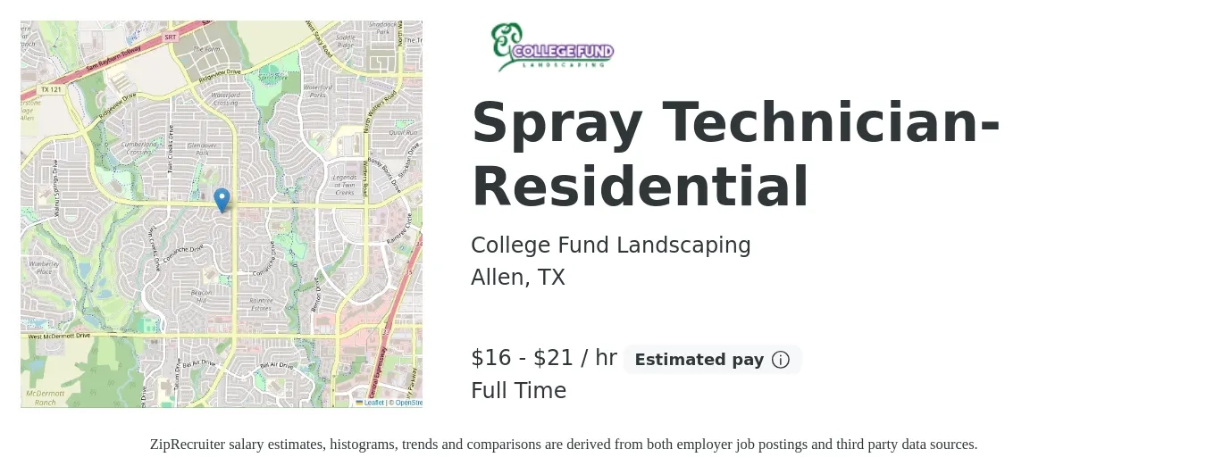 College Fund Landscaping job posting for a Spray Technician-Residential in Allen, TX with a salary of $17 to $22 Hourly with a map of Allen location.
