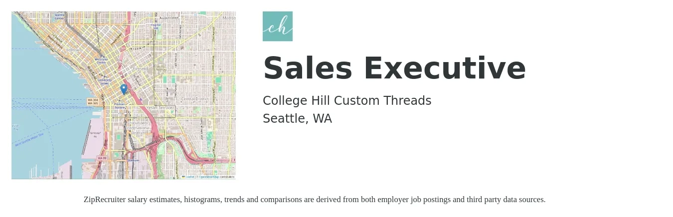 College Hill Custom Threads job posting for a Sales Executive in Seattle, WA with a salary of $22 to $30 Hourly with a map of Seattle location.