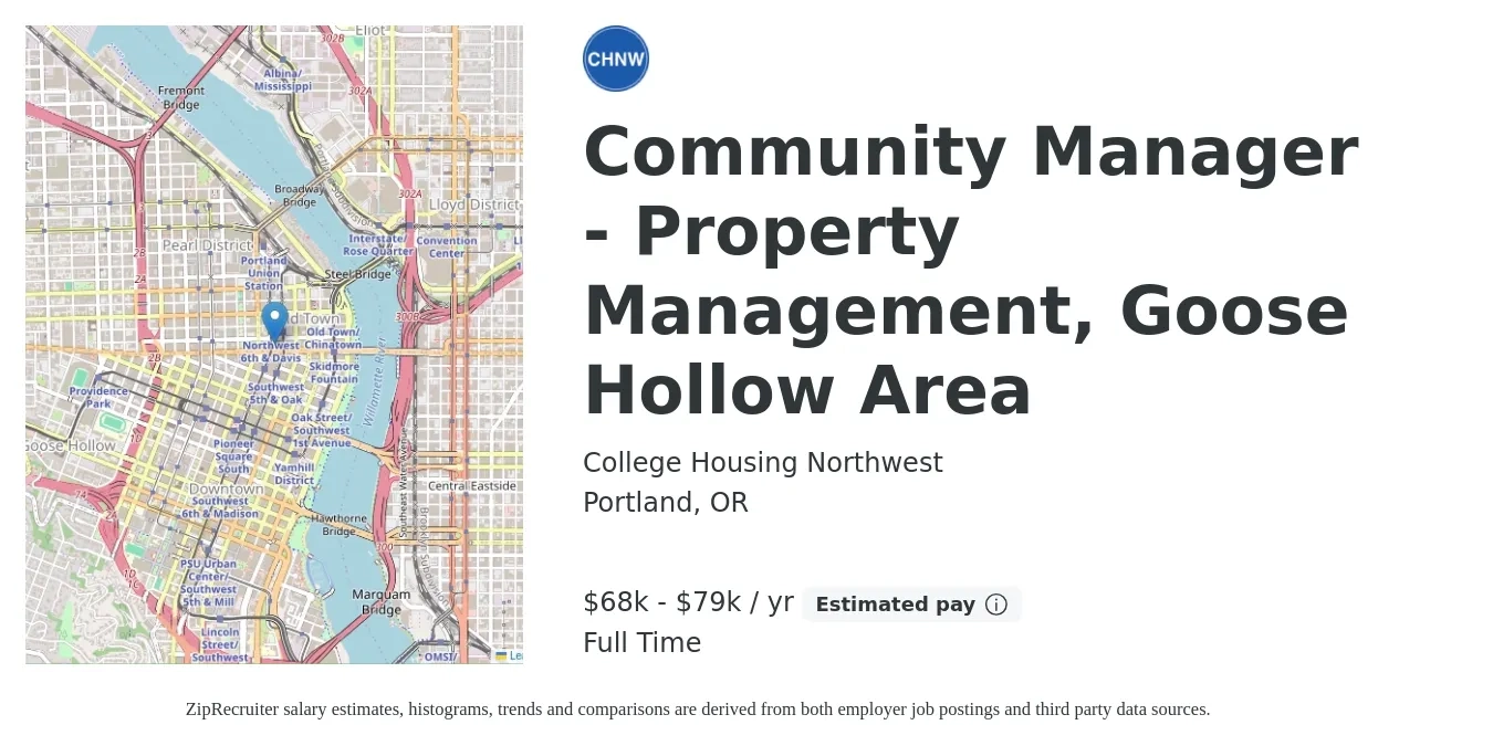 College Housing Northwest job posting for a Community Manager - Property Management, Goose Hollow Area in Portland, OR with a salary of $68,000 to $79,500 Yearly with a map of Portland location.