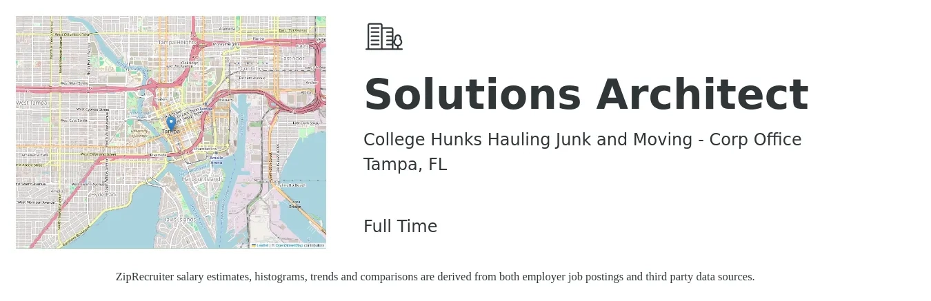 College Hunks Hauling Junk and Moving - Corp Office job posting for a Solutions Architect in Tampa, FL with a salary of $57 to $75 Hourly with a map of Tampa location.