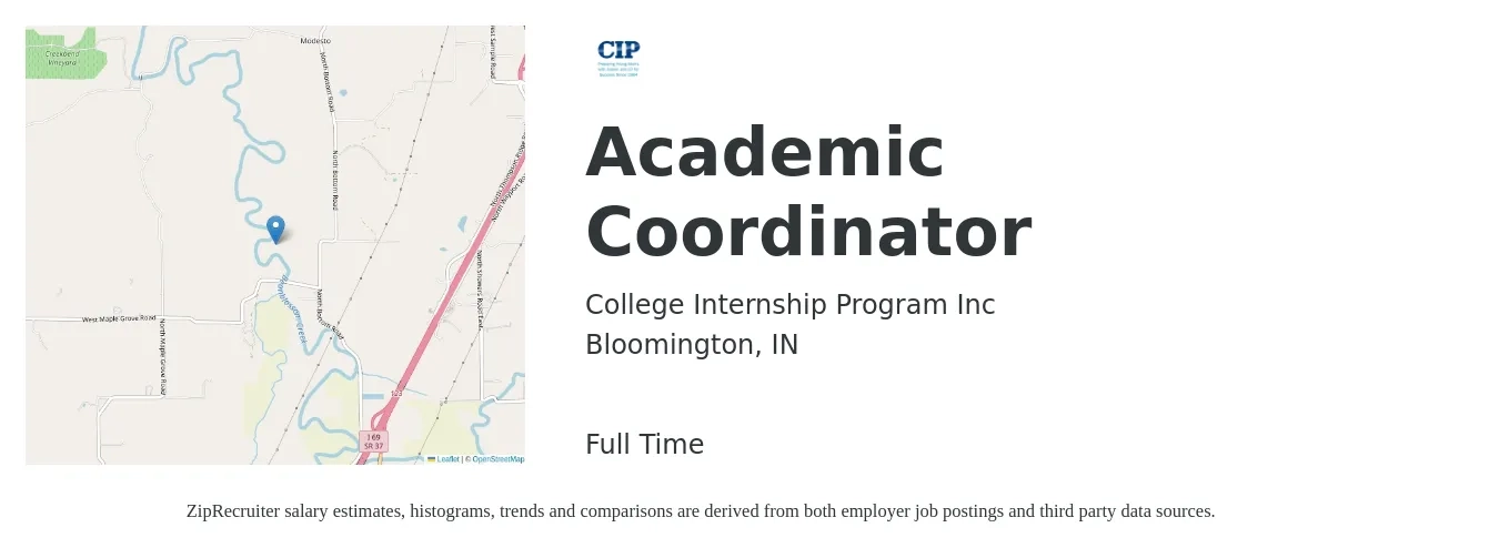 College Internship Program Inc job posting for a Academic Coordinator in Bloomington, IN with a salary of $34,500 to $48,700 Yearly with a map of Bloomington location.