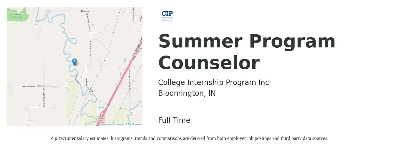 College Internship Program Inc job posting for a Summer Program Counselor in Bloomington, IN with a salary of $11 to $15 Hourly with a map of Bloomington location.