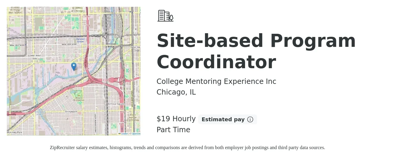 College Mentoring Experience Inc job posting for a Site-based Program Coordinator in Chicago, IL with a salary of $20 Hourly with a map of Chicago location.