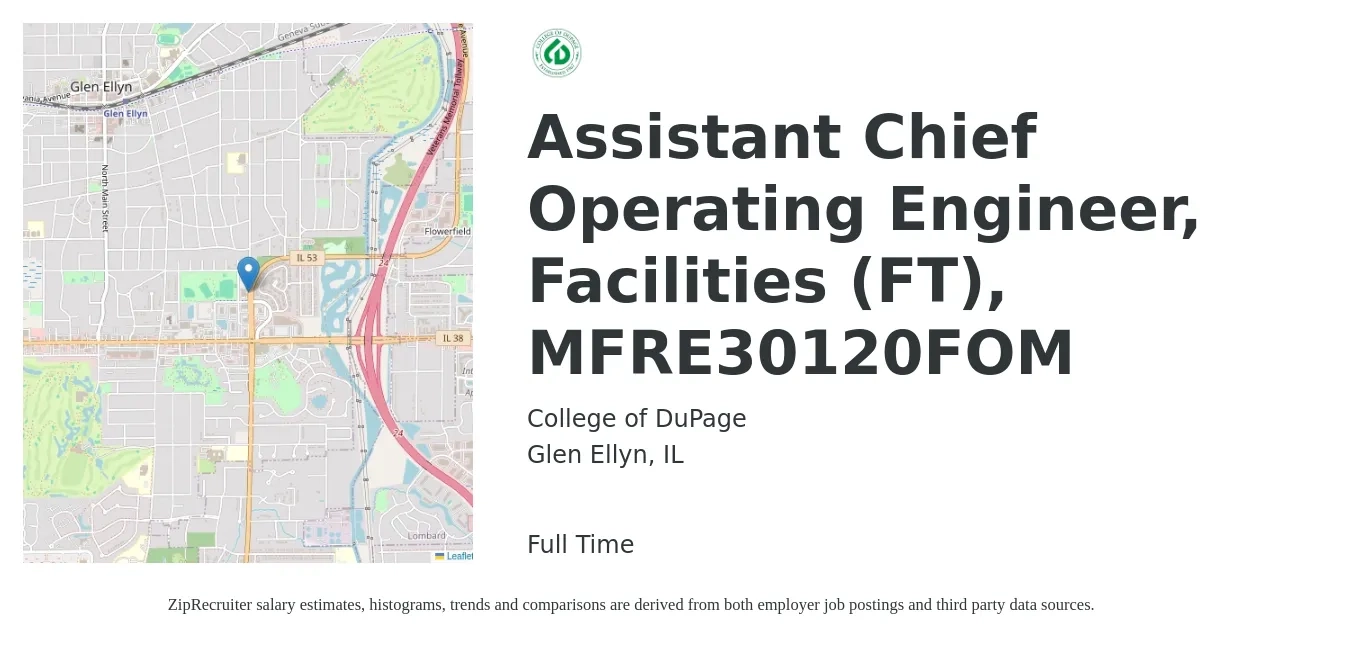 College of DuPage job posting for a Assistant Chief Operating Engineer, Facilities (FT), MFRE30120FOM in Glen Ellyn, IL with a salary of $53,000 to $109,500 Yearly with a map of Glen Ellyn location.