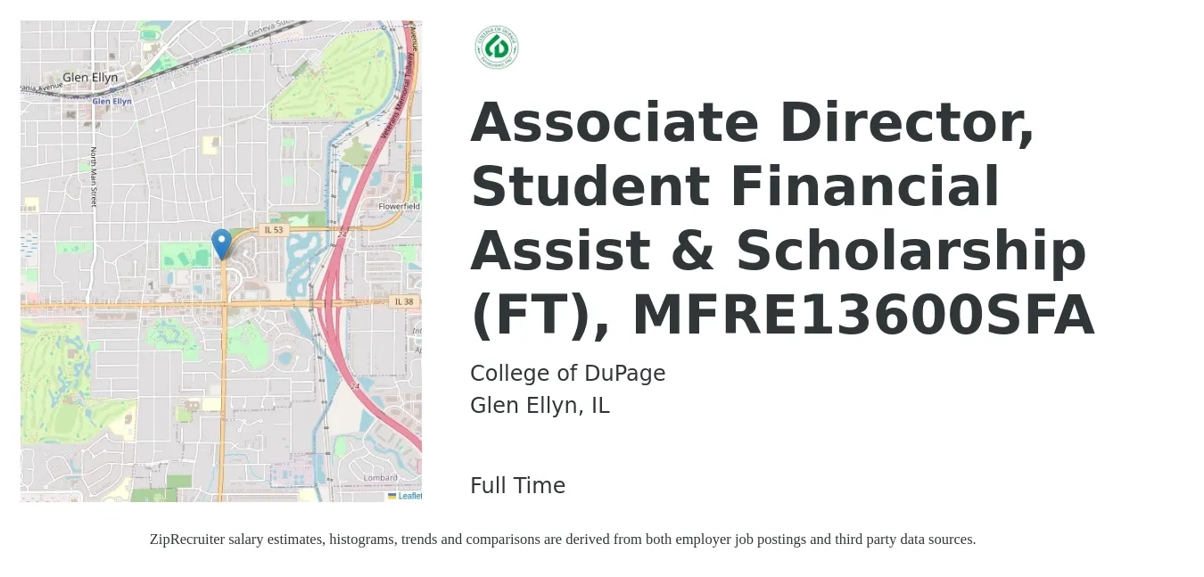 College of DuPage job posting for a Associate Director, Student Financial Assist & Scholarship (FT), MFRE13600SFA in Glen Ellyn, IL with a salary of $54,000 to $73,200 Yearly with a map of Glen Ellyn location.