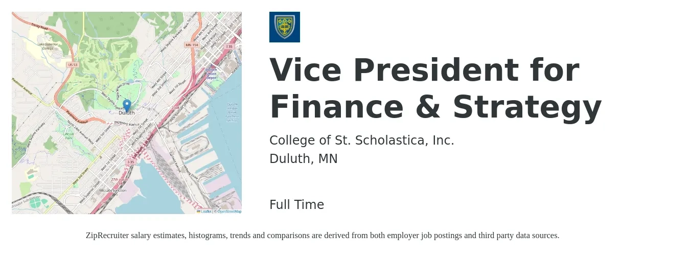College of St. Scholastica, Inc. job posting for a Vice President for Finance & Strategy in Duluth, MN with a salary of $135,600 to $197,300 Yearly with a map of Duluth location.