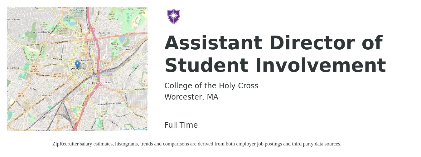 College of the Holy Cross job posting for a Assistant Director of Student Involvement in Worcester, MA with a salary of $44,500 to $89,500 Yearly with a map of Worcester location.