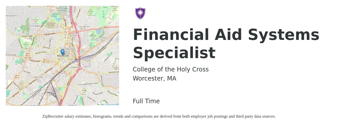 College of the Holy Cross job posting for a Financial Aid Systems Specialist in Worcester, MA with a salary of $19 to $28 Hourly with a map of Worcester location.
