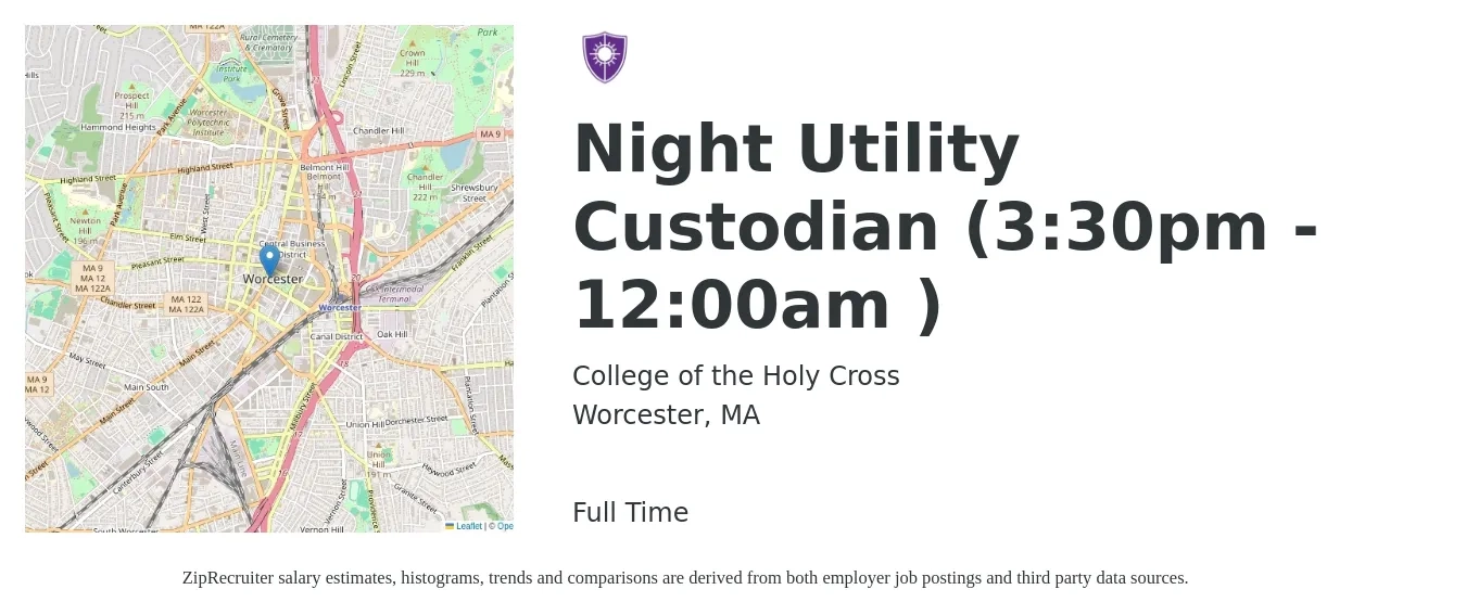College of the Holy Cross job posting for a Night Utility Custodian (3:30pm - 12:00am ) in Worcester, MA with a salary of $15 to $20 Hourly with a map of Worcester location.