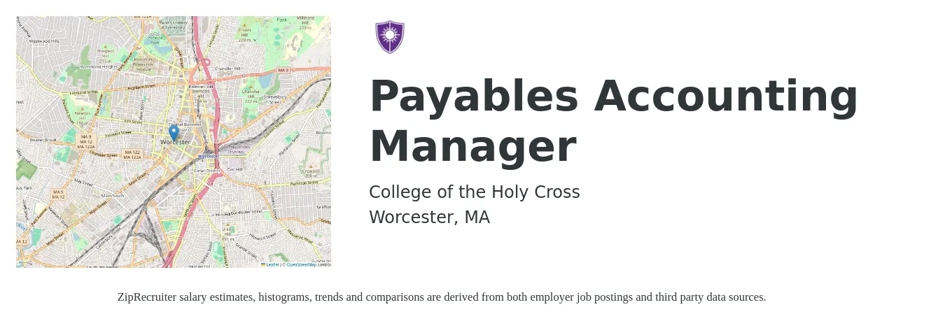 College of the Holy Cross job posting for a Payables Accounting Manager in Worcester, MA with a salary of $77,700 to $111,600 Yearly with a map of Worcester location.