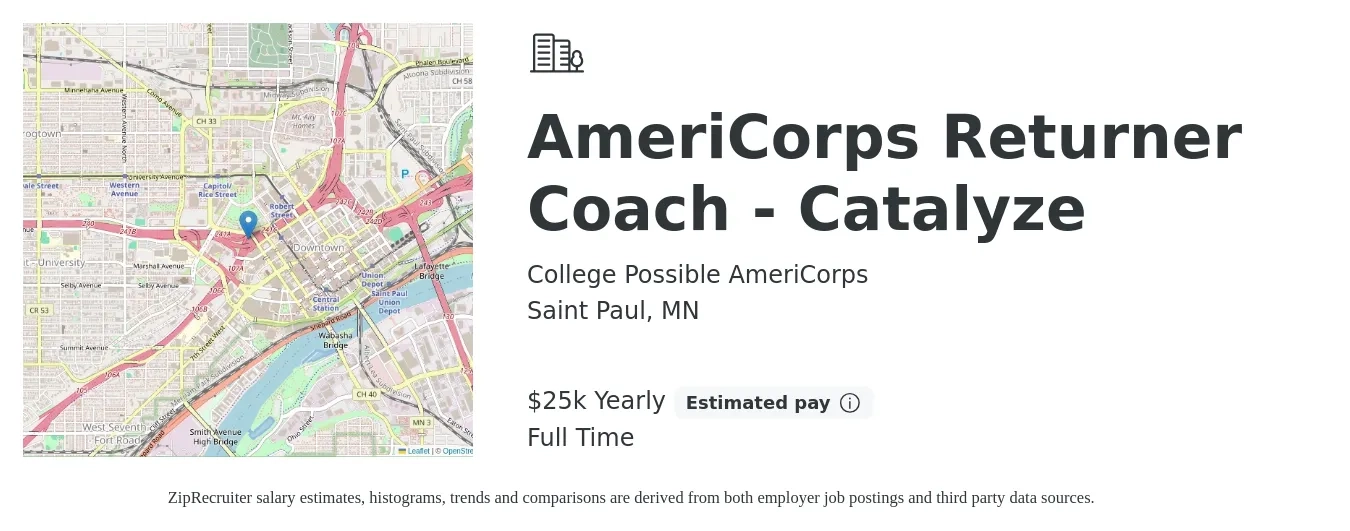 College Possible AmeriCorps job posting for a AmeriCorps Returner Coach - Catalyze in Saint Paul, MN with a salary of $25,000 Yearly with a map of Saint Paul location.