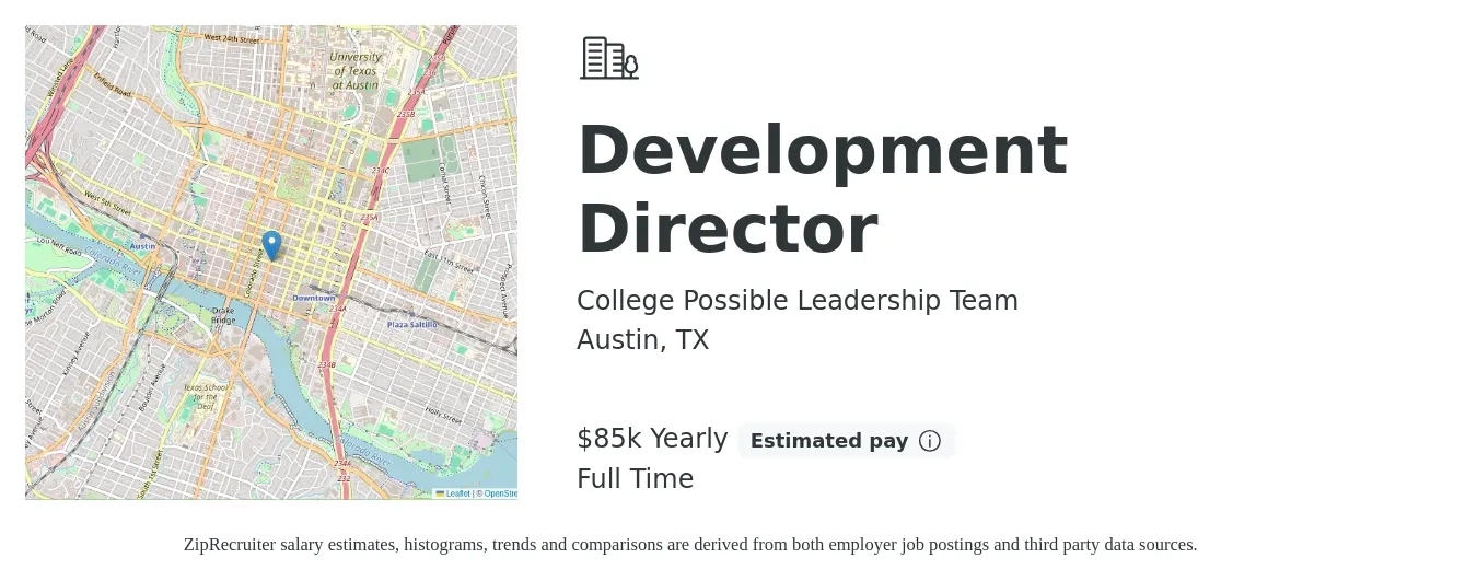 College Possible Leadership Team job posting for a Development Director in Austin, TX with a salary of $85,000 Yearly with a map of Austin location.