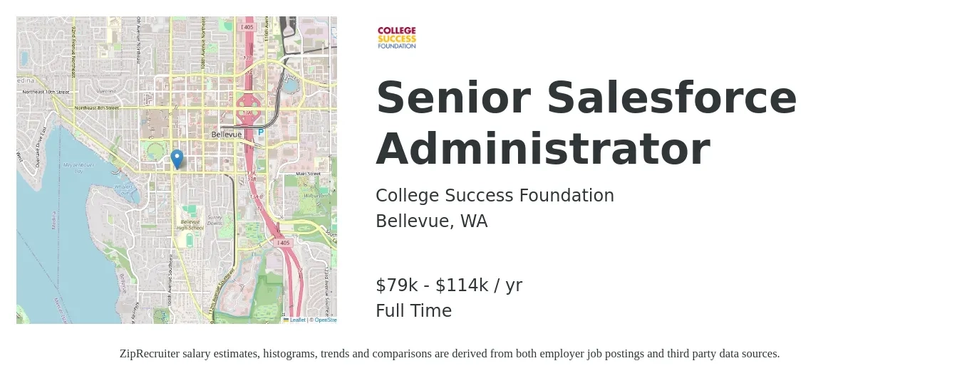 College Success Foundation job posting for a Senior Salesforce Administrator in Bellevue, WA with a salary of $79,500 to $114,000 Yearly with a map of Bellevue location.