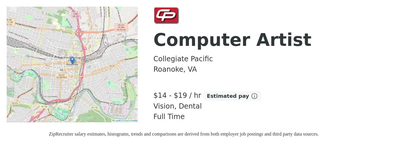 Collegiate Pacific job posting for a Computer Artist in Roanoke, VA with a salary of $15 to $20 Hourly and benefits including vision, dental, life_insurance, pto, and retirement with a map of Roanoke location.