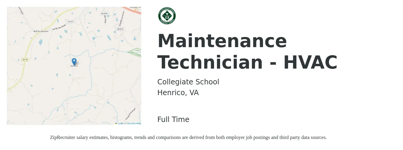 Collegiate School job posting for a Maintenance Technician - HVAC in Henrico, VA with a salary of $19 to $24 Hourly with a map of Henrico location.