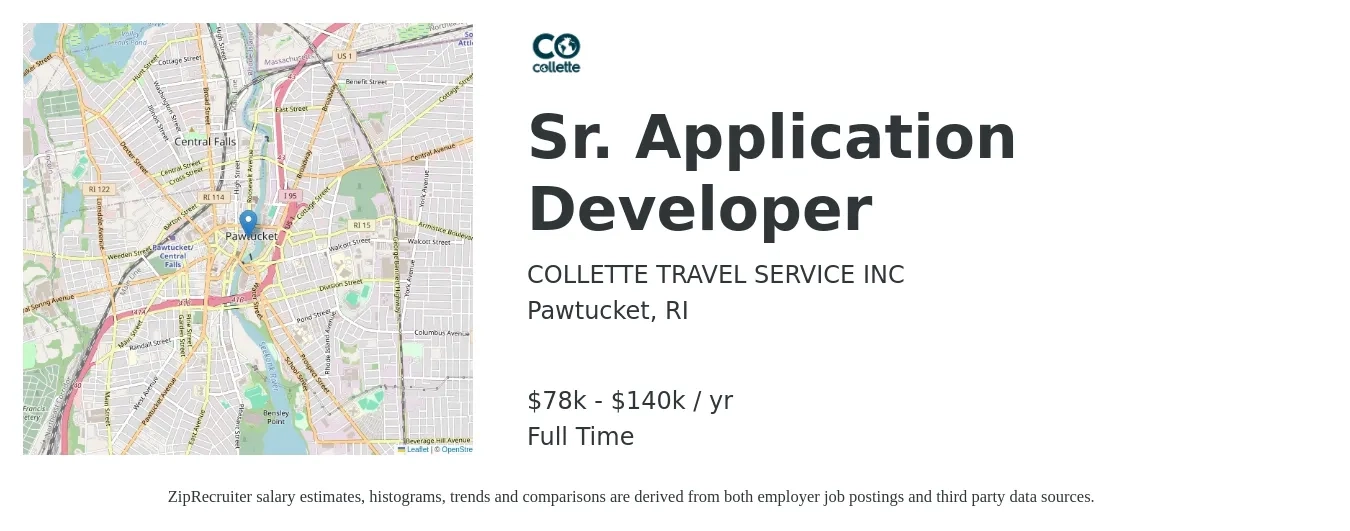 COLLETTE TRAVEL SERVICE INC job posting for a Sr. Application Developer in Pawtucket, RI with a salary of $78,000 to $140,000 Yearly with a map of Pawtucket location.