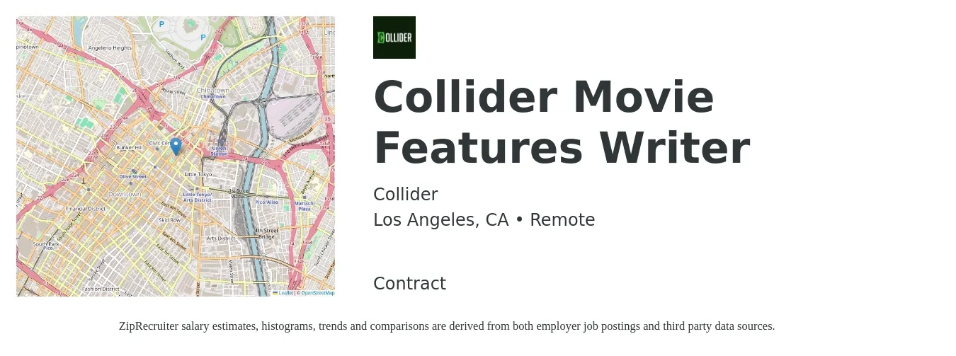 Collider job posting for a Collider Movie Features Writer in Los Angeles, CA with a salary of $32 to $53 Hourly with a map of Los Angeles location.