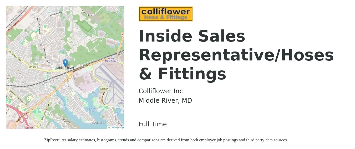 Colliflower Inc job posting for a Inside Sales Representative/Hoses & Fittings in Middle River, MD with a salary of $37,100 to $55,400 Yearly with a map of Middle River location.